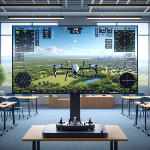  A large 50-inch monitor displaying a drone simulator interface for a training session.