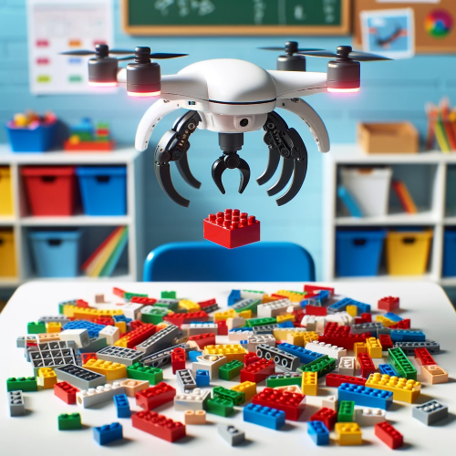 n image of a drone equipped with a grabber collecting scattered LEGO blocks from a classroom floor and stacking them on a white table