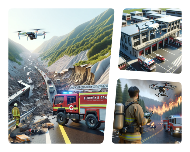 A realistic 3D scene depicting a wildfire scene with a fire truck parked on the side. In the foreground, a firefighter of Japan