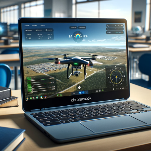 Chromebook screen displaying a drone simulator interface for a training session.